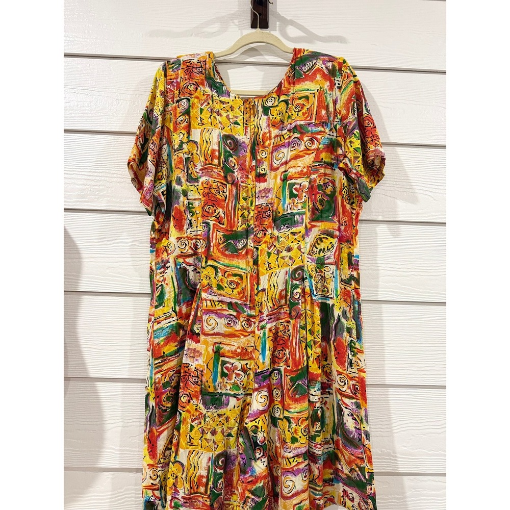 B- 033- Vintage Abstract Geometric Floral Print Short Sleeve Midi Dress Multi